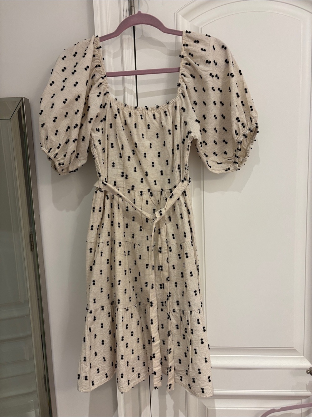 Cream Midi Dress with Puff Sleeves and Black Dot Print